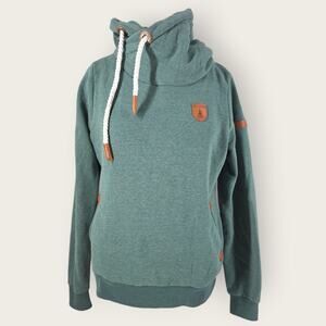 Wanakome Pullover Hoodie Green Cowl Neck Leather Patch Drawstring Women's Sz XL